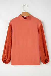 Russet Orange Swiss Dot Balloon Sleeve Mock Neck Blouse