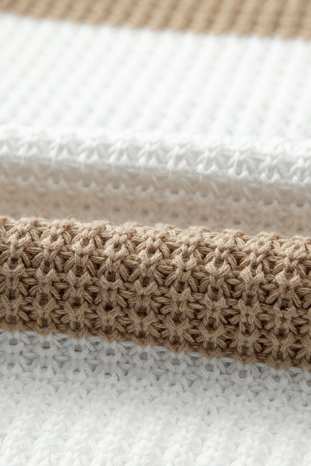Light Beige Striped Drop Shoulder Side Slit Cable Knit Sweater