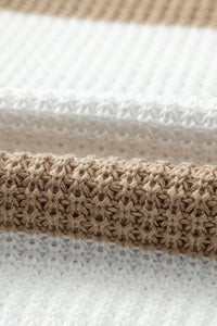 Light Beige Striped Drop Shoulder Side Slit Cable Knit Sweater