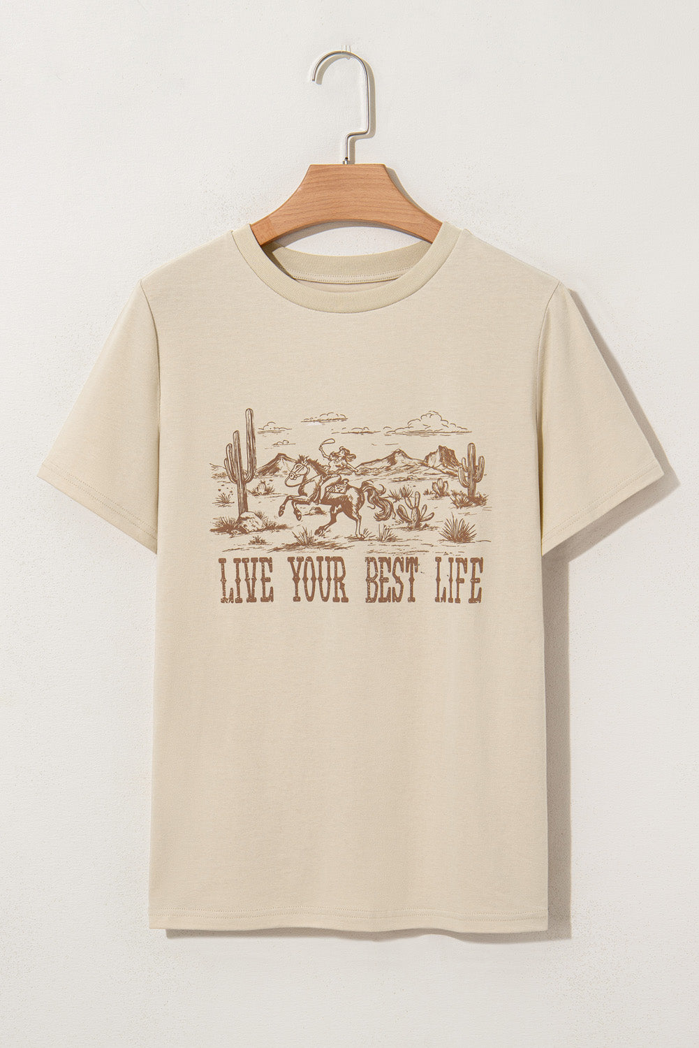 Beige LIVE YOUR BEST LIFE Crew Neck Western Graphic Knit Tee