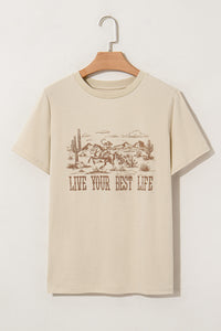 Beige LIVE YOUR BEST LIFE Crew Neck Western Graphic Knit Tee