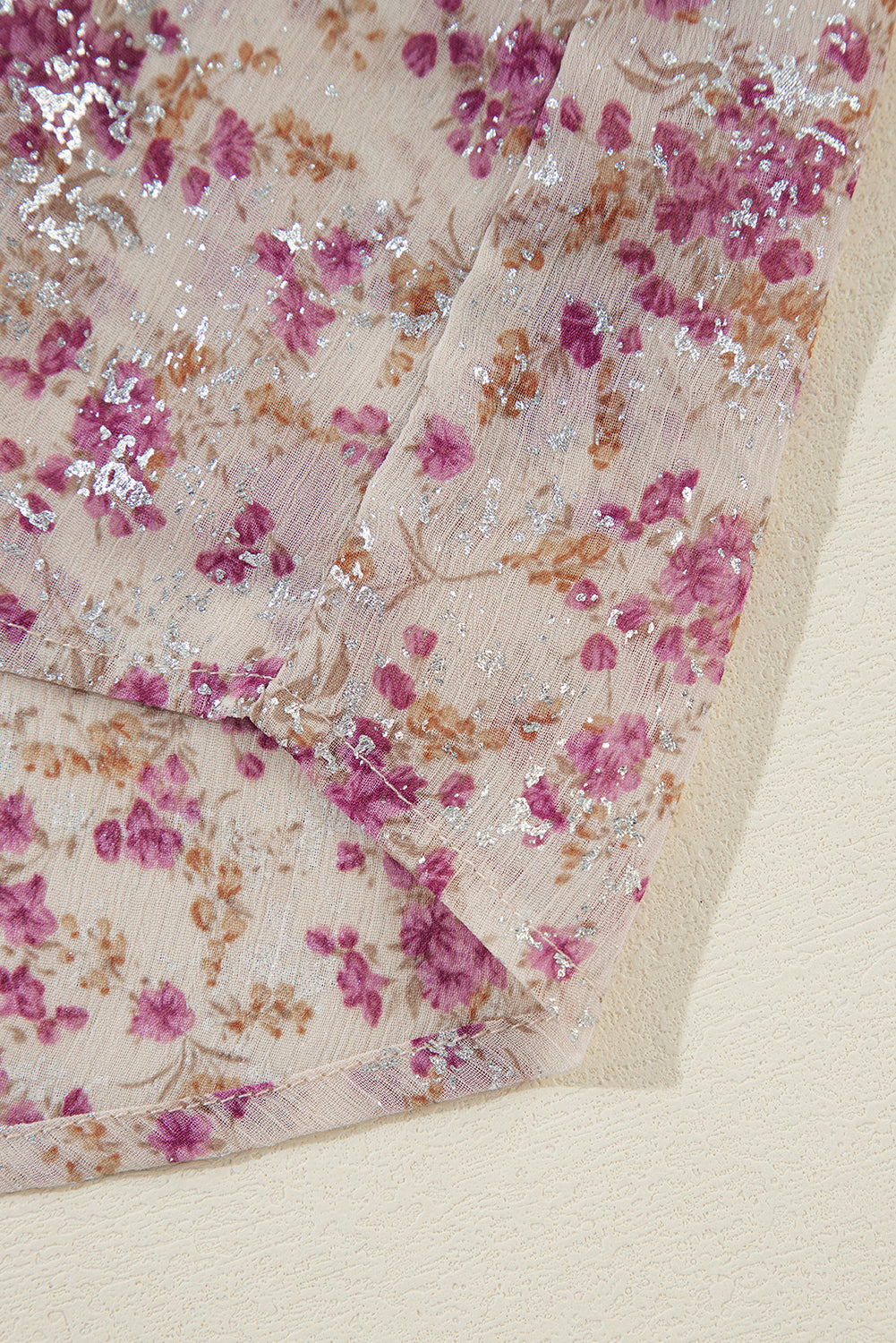 Pink Floral Silver Accent Print Bishop Sleeve Collared V-Neck Blouse