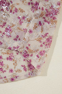 Pink Floral Silver Accent Print Bishop Sleeve Collared V-Neck Blouse