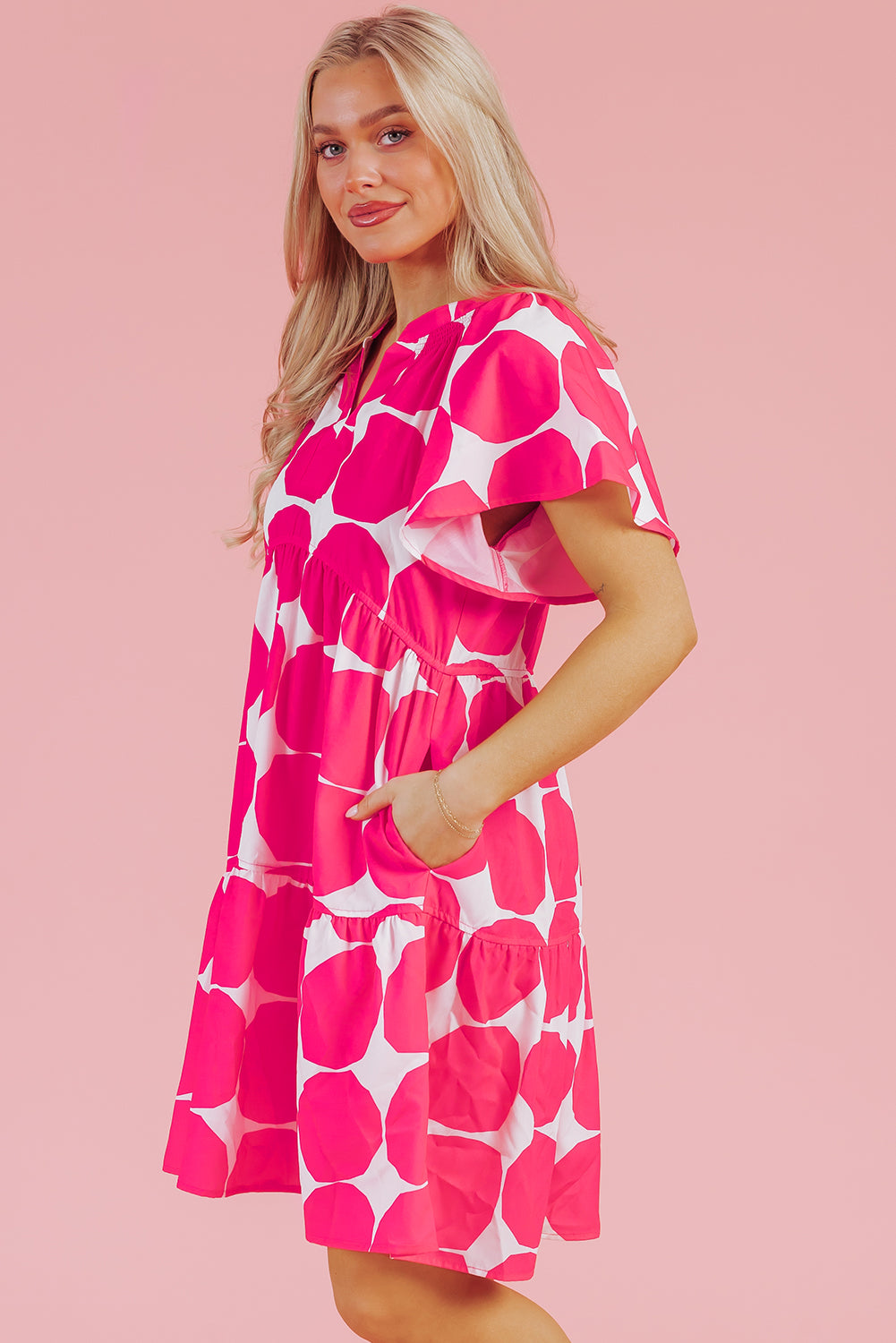 Bright Pink Big Circle Abstract Print V-Neck Tiered Flowy Dress