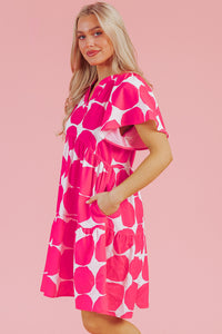Bright Pink Big Circle Abstract Print V-Neck Tiered Flowy Dress
