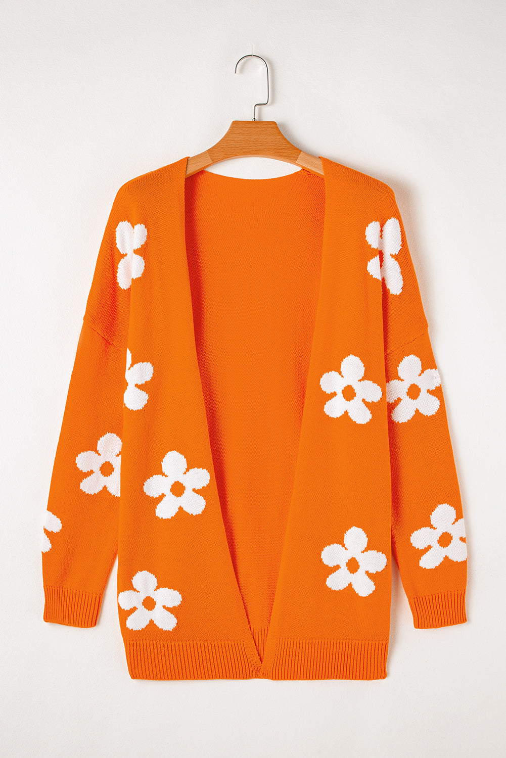 Orange Floral Print Open Front Loose Knit Lightweight  Cardigan Sweater