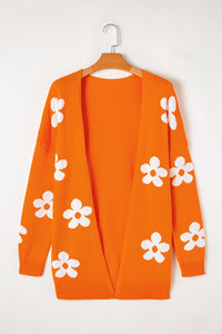 Orange Floral Print Open Front Loose Knit Lightweight  Cardigan Sweater