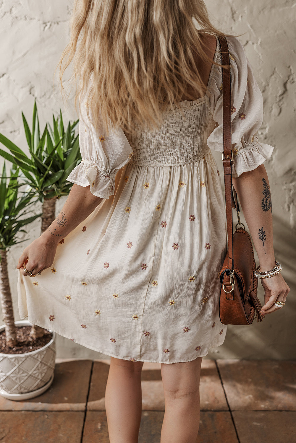 Beige and Pink Embroidered Floral Smocked Half Sleeve Empire Waist Textured Dress