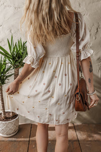 Beige and Pink Embroidered Floral Smocked Half Sleeve Empire Waist Textured Dress