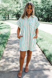 Teal Green Striped Dolman Short Sleeve Loose Mini Shirt Dress