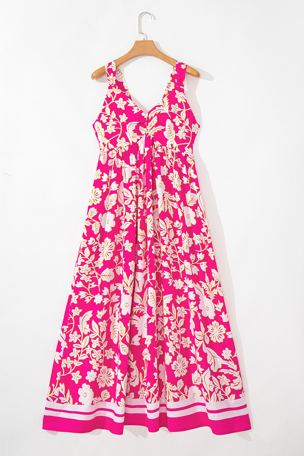 Bright Pink Floral V-Neck Crisscross Open Back Maxi Dress