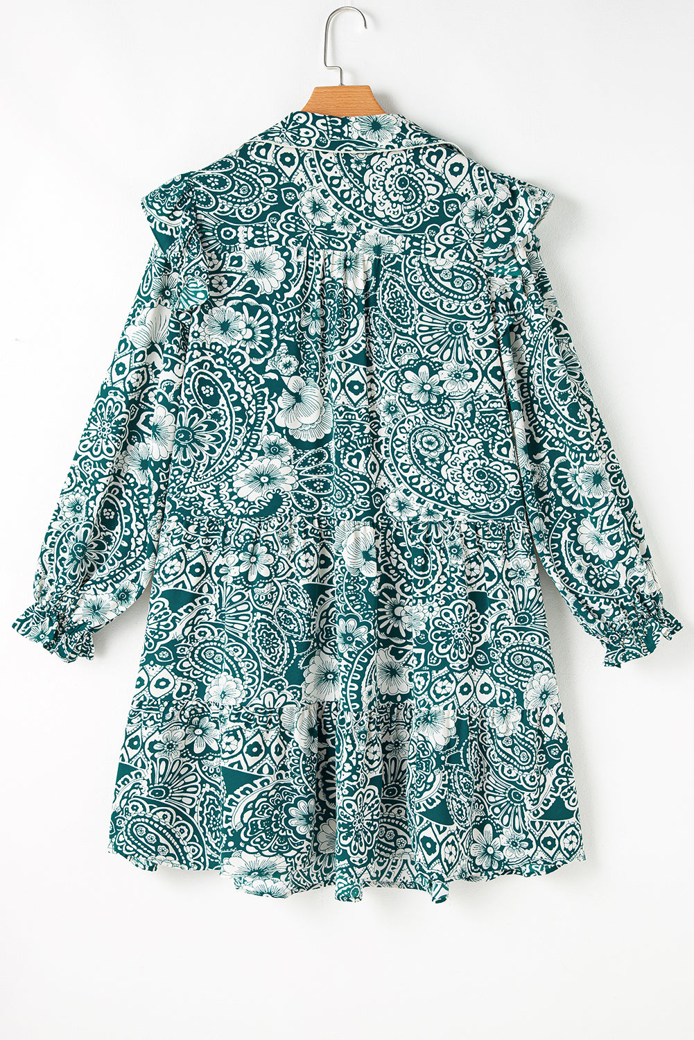 Deep Teal Green Floral Flounce Sleeve Split Neck Plus Size Dress