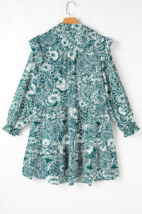 Deep Teal Green Floral Flounce Sleeve Split Neck Plus Size Dress