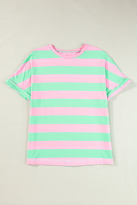 Pink and Mint Stripe Cuffed Sleeve Cotton Tee