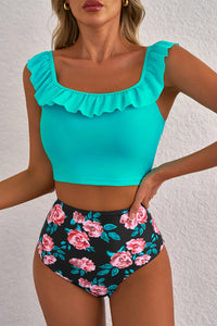 Turquoise Green Ruffled Square Neck Top and Floral High Waist 2-Pc. Swimsuit