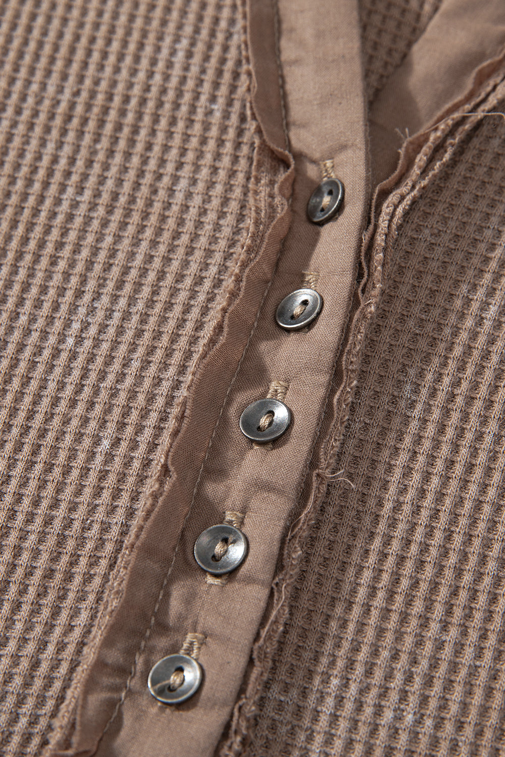 Light Brown Waffle Knit Distressed Long Sleeve Henley