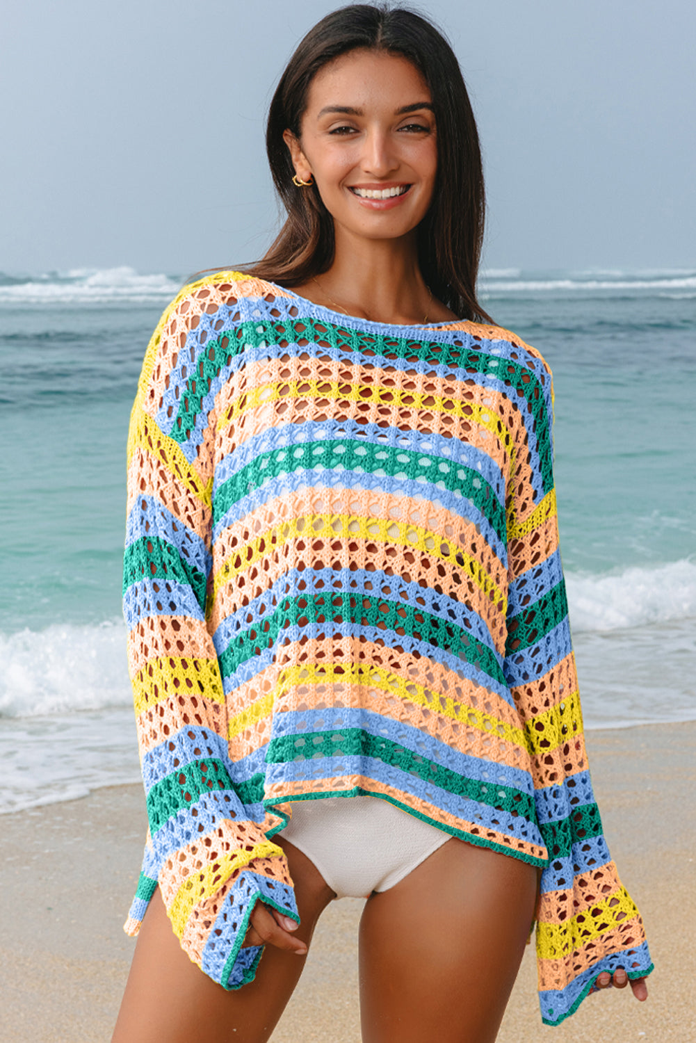 Summer Vibe Multi-Color Stripe Open Knit Sweater Beach Cover Up