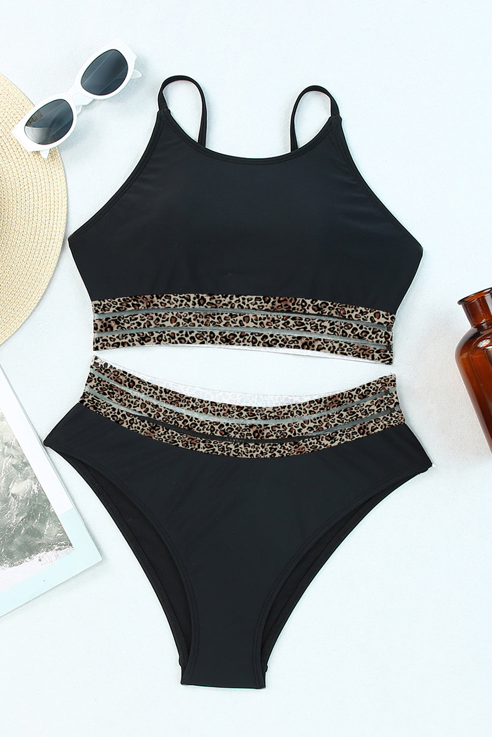 Black with Leopard Mesh Trim 2-Piece Bikini Swimsuit