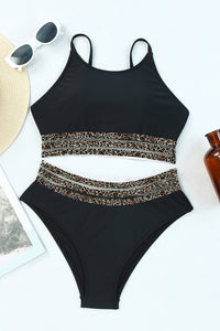 Black with Leopard Mesh Trim 2-Piece Bikini Swimsuit