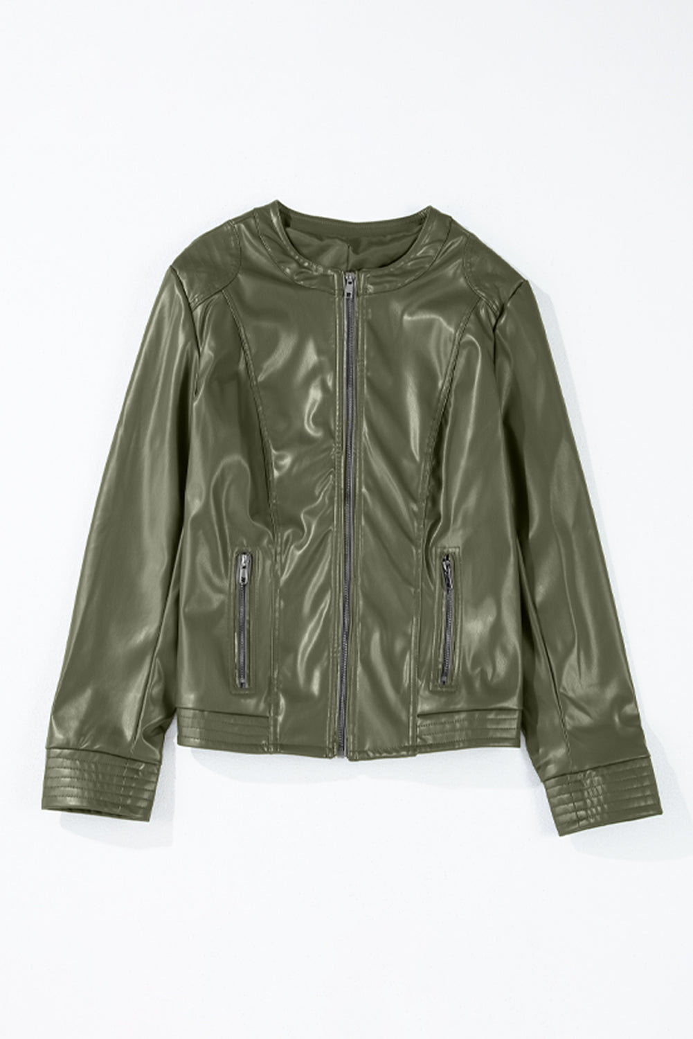 Olive Green Faux Leather Zip Up Slim Fit Bomber Jacket