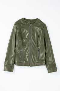 Olive Green Faux Leather Zip Up Slim Fit Bomber Jacket