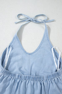 Light Wash V-Neck Lightweight Denim Halter Tank Top