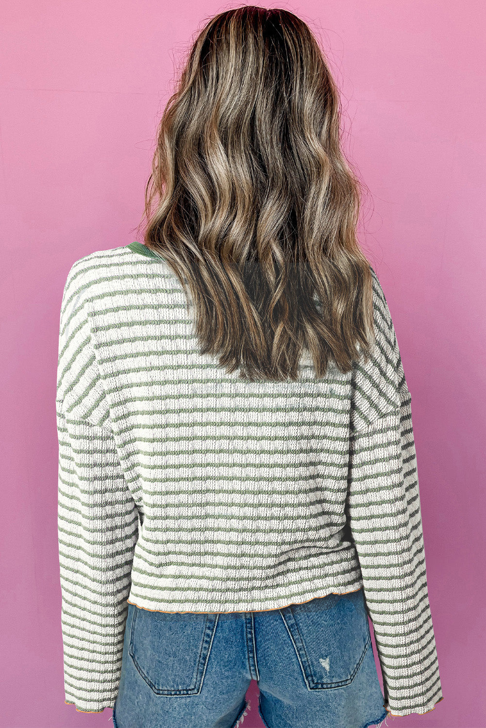 Green Stripe Textured Henley Long Sleeve Top