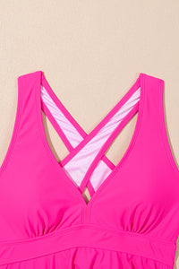 Bright Pink V-Neck Babydoll Tankini Floral Bottom 2-Piece Swimsuit