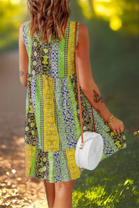 Green Yellow Floral Color Block Print Empire Waist Dress