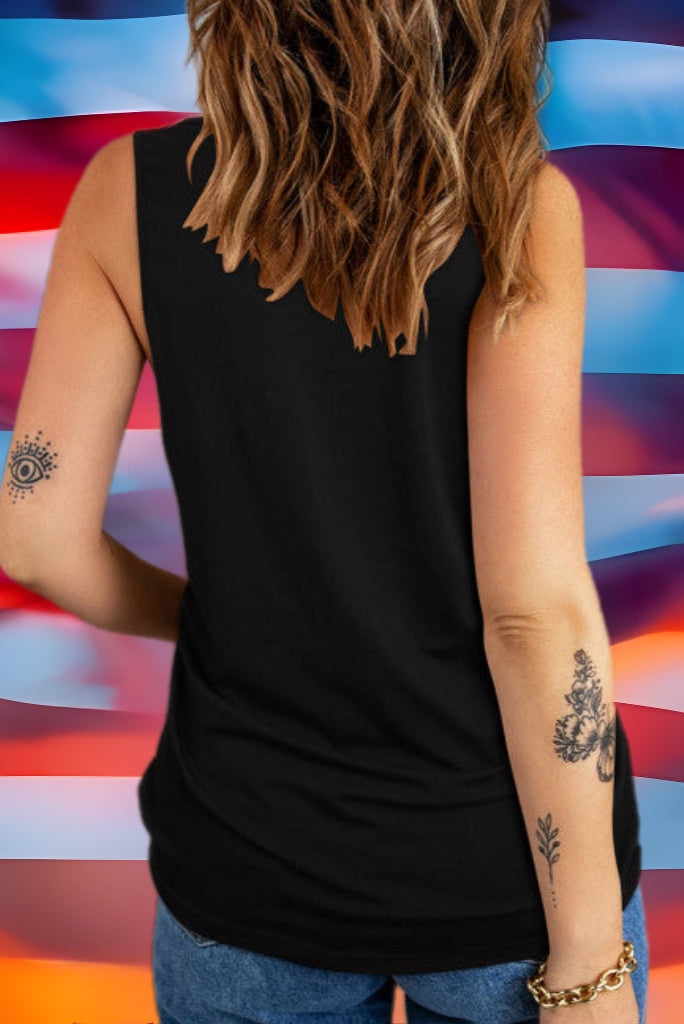 Colorful Rhinestone American Flag Black Knit Tank