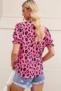 Dark Pink Leopard Print V-neck Bubble Sleeve Blouse