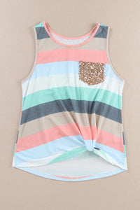 Coral Blue Striped Sequin Pocket Sleeveless Top