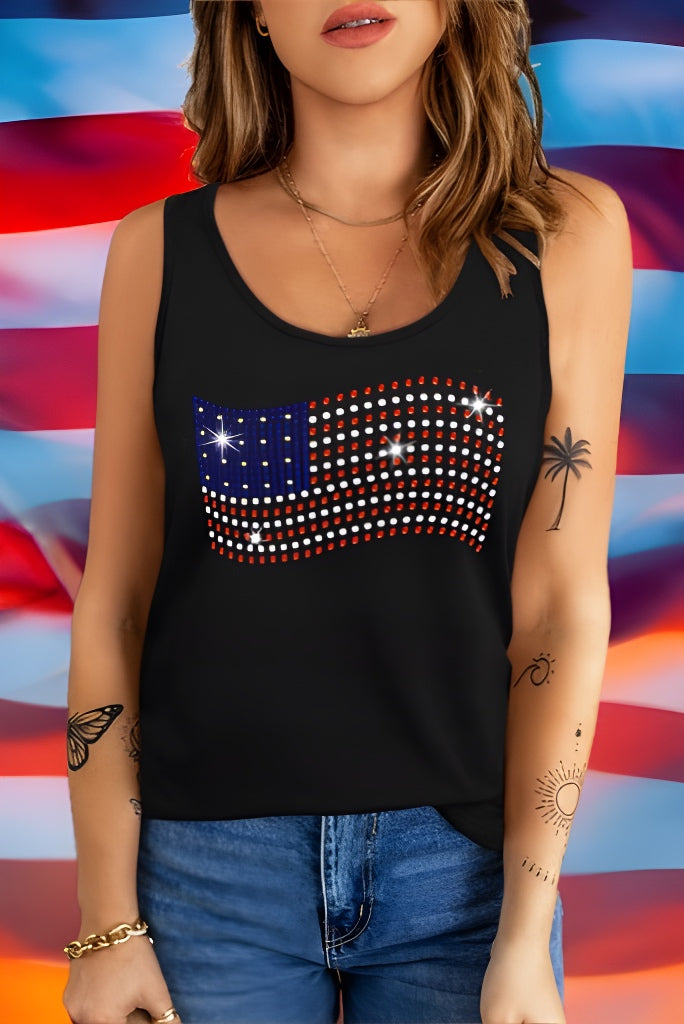 Colorful Rhinestone American Flag Black Knit Tank