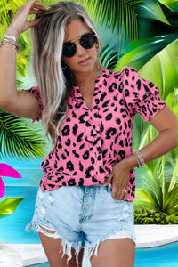 Dark Pink Leopard Print V-neck Bubble Sleeve Blouse