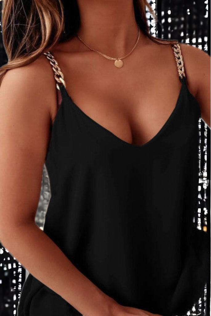 Black Silky Gold Chain Strappy Tank