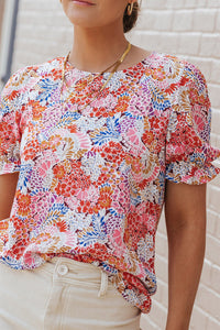Multi Colored Floral Bubble Sleeve Tee Blouse
