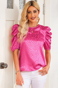 Fuchsia Pink Leopard Print Bubble Sleeve Blouse