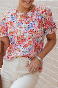Multi Colored Floral Bubble Sleeve Tee Blouse