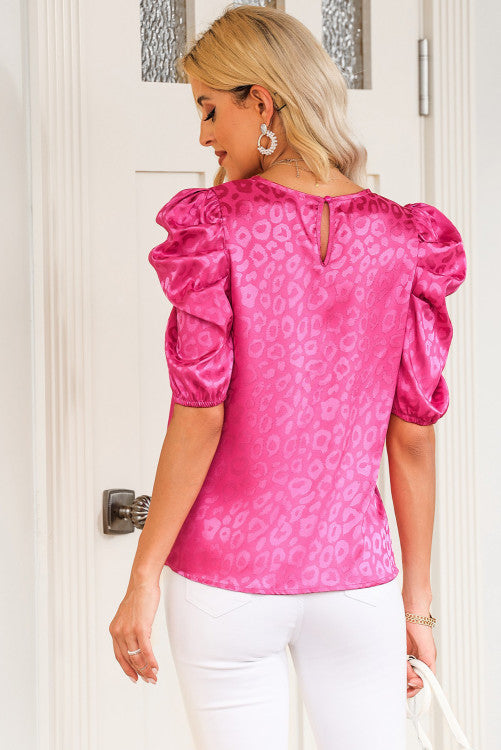 Fuchsia Pink Leopard Print Bubble Sleeve Blouse