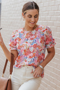 Multi Colored Floral Bubble Sleeve Tee Blouse