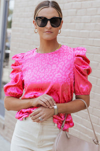 Fuchsia Pink Leopard Print Bubble Sleeve Blouse