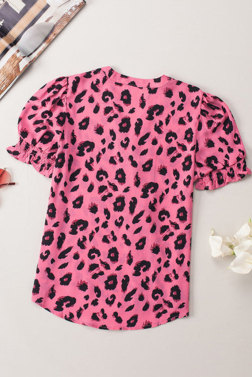 Dark Pink Leopard Print V-neck Bubble Sleeve Blouse