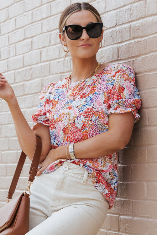 Multi Colored Floral Bubble Sleeve Tee Blouse