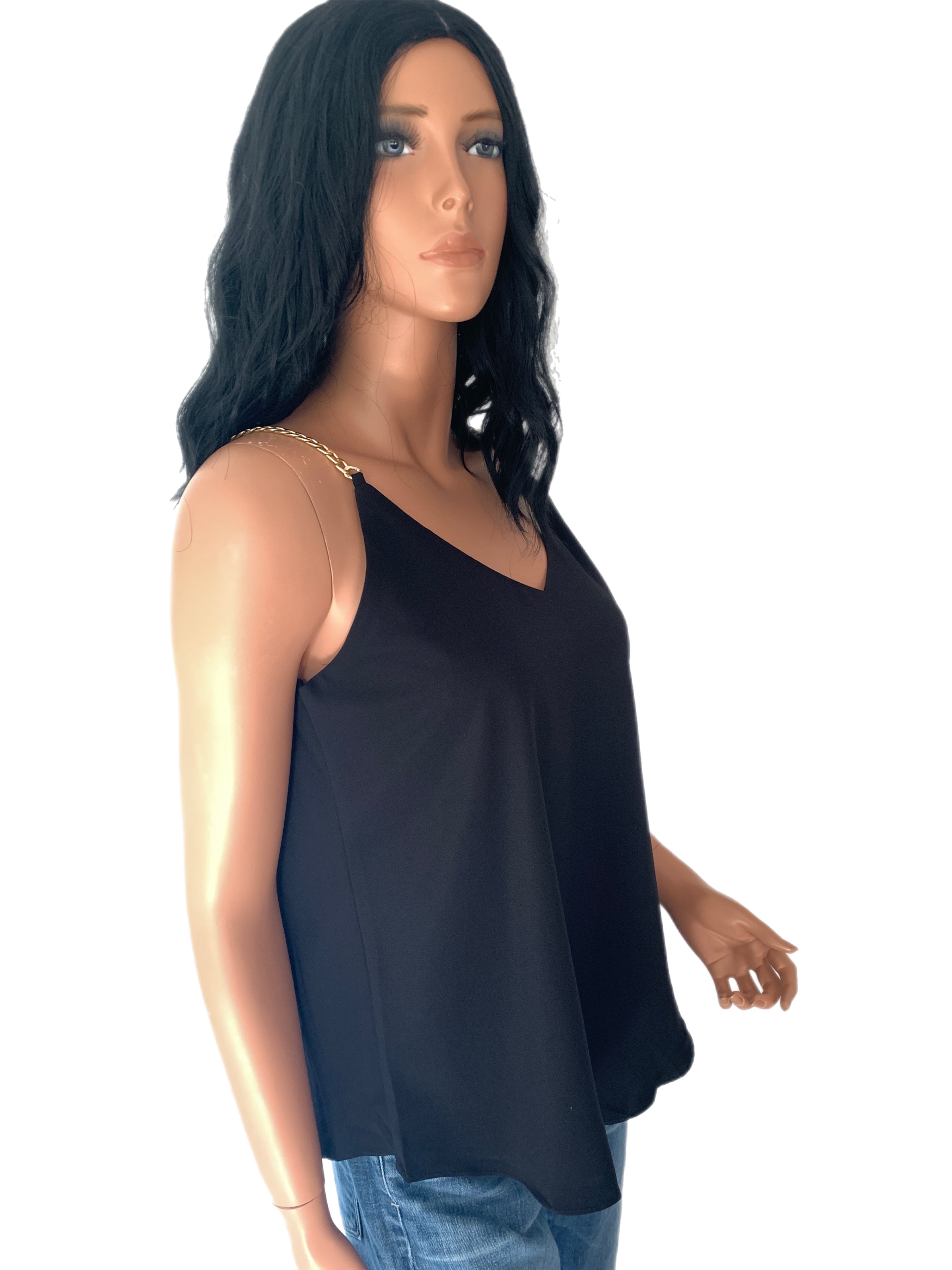 Black Silky Gold Chain Strappy Tank