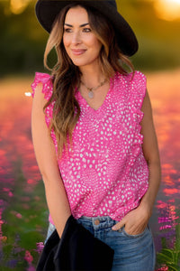 Pink Spotted V-Neck Ruffled Sleeveless Blouse