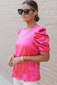 Fuchsia Pink Leopard Print Bubble Sleeve Blouse