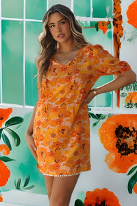 Orange Retro Floral Puff Sleeve Dress with Pom Pom Hem