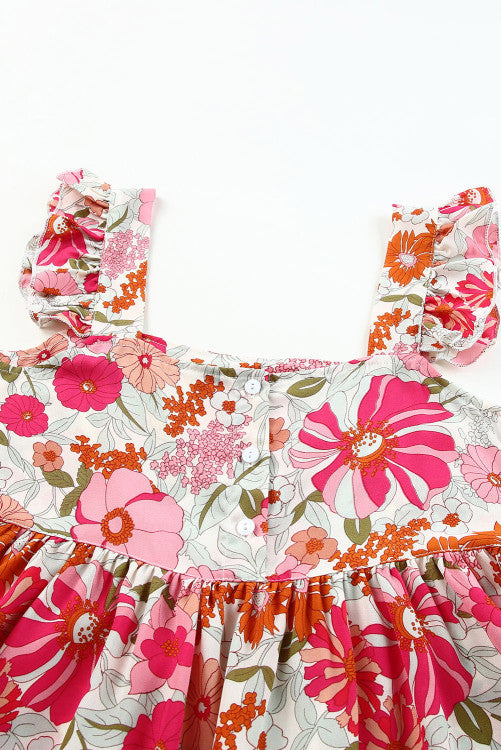 Pink Floral Flutter Cap Sleeve Flowy Blouse