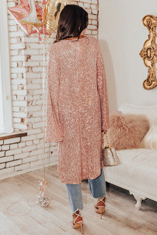 Pink Champagne Sequined Open Front Kimono