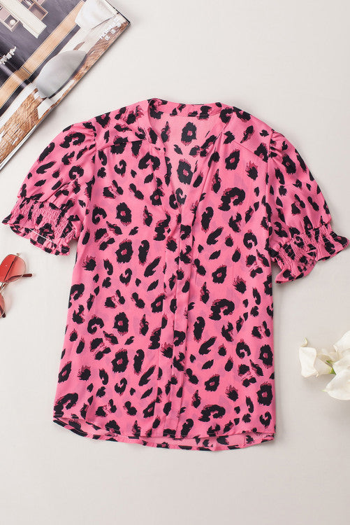 Dark Pink Leopard Print V-neck Bubble Sleeve Blouse
